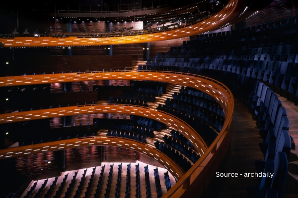 Inside view of the Copenhagen Opera House, showcasing its beautiful wood work highlighting its modern architectural design.