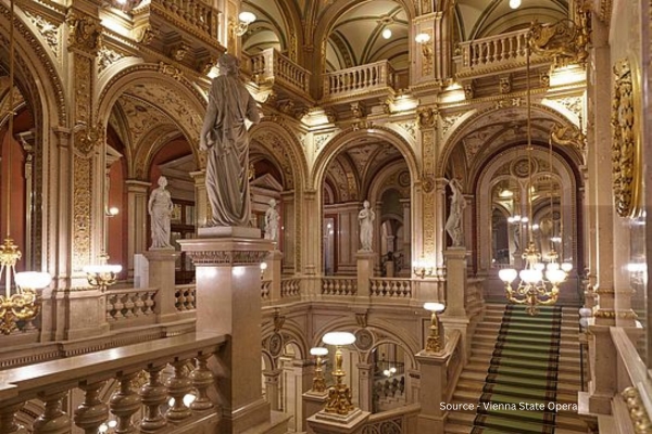 An opulent interior view of the Vienna State Opera House, featuring grand marble staircases, ornate archways, and statues. The space is richly decorated with intricate gold detailing and illuminated by elegant chandeliers