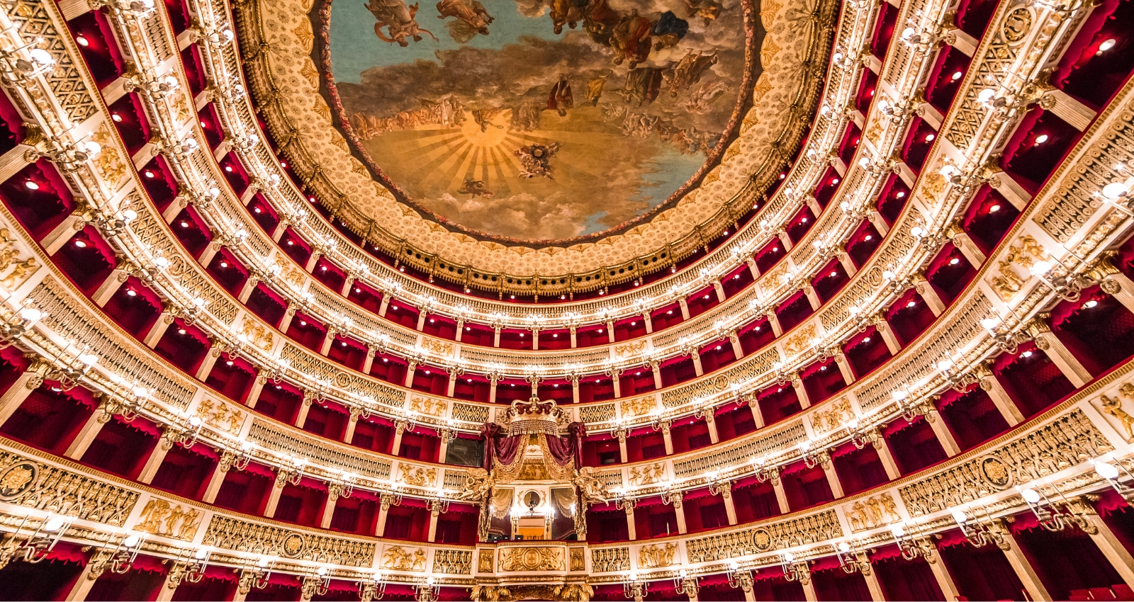 Elegant interior of the San Carlos Opera House with ornate decorations and grand stage. Join our opera tour in 2025.